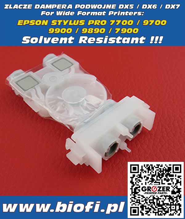 Złącze Dampera Podwójne
DX5 / DX6 / DX7 - do drukarek MUTOH EPSON Stylus Pro - Odporny na Solvent / Solvent Resistant