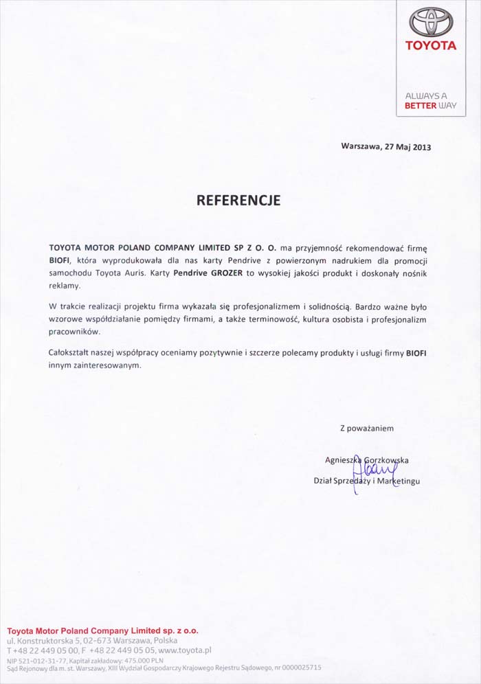 Referencje od Firmy Toyota Motor Poland dla firmy Biofi