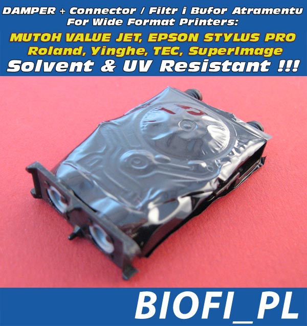 Damper UV & Solvent Resistant do Głowic DX5 / DX6 / DX7 ze złączem - do drukarek MUTOH ValueJet, EPSON Stylus Pro, Roland, Yinghe, TEC Sign Maker, SuperImage - Odporny na Solvent / Solvent Resistant