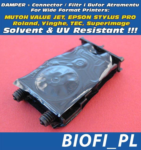 Damper UV & Solvent Resistant do Głowic DX5 / DX6 / DX7 ze złączem - do drukarek MUTOH ValueJet, EPSON Stylus Pro, Roland, Yinghe, TEC Sign Maker, SuperImage - Odporny na Solvent / Solvent Resistant