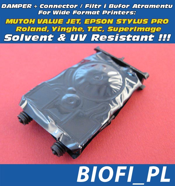 Damper UV & Solvent Resistant do Głowic DX5 / DX6 / DX7 ze złączem - do drukarek MUTOH ValueJet, EPSON Stylus Pro, Roland, Yinghe, TEC Sign Maker, SuperImage - Odporny na Solvent / Solvent Resistant