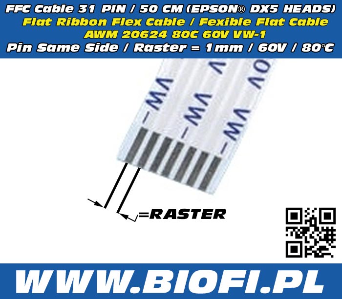 FFC Cables 31 PIN / 50 CM / 60V / Raster=1mm / Pin Same Side